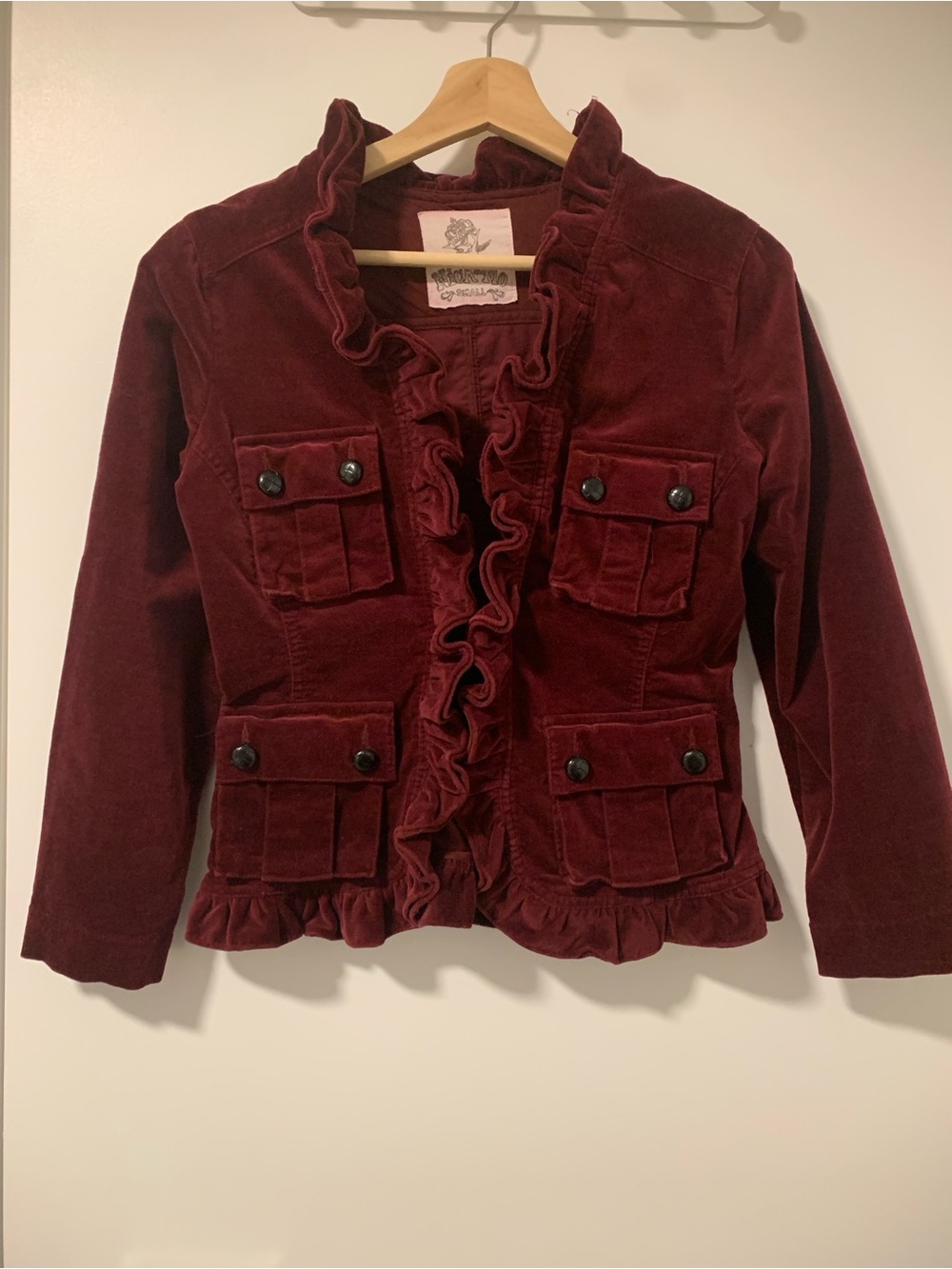Vintage Corduroy Ruffle Front Burgundy Velvet Jacket